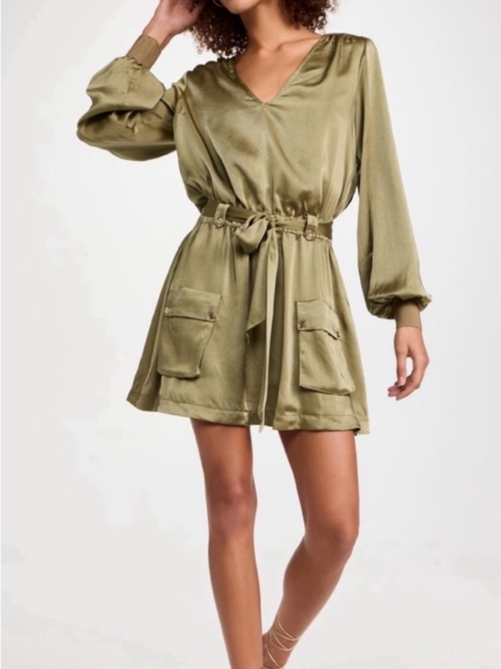 Ramy Brook Olive Green Long-Sleeve Satin Mini Dress